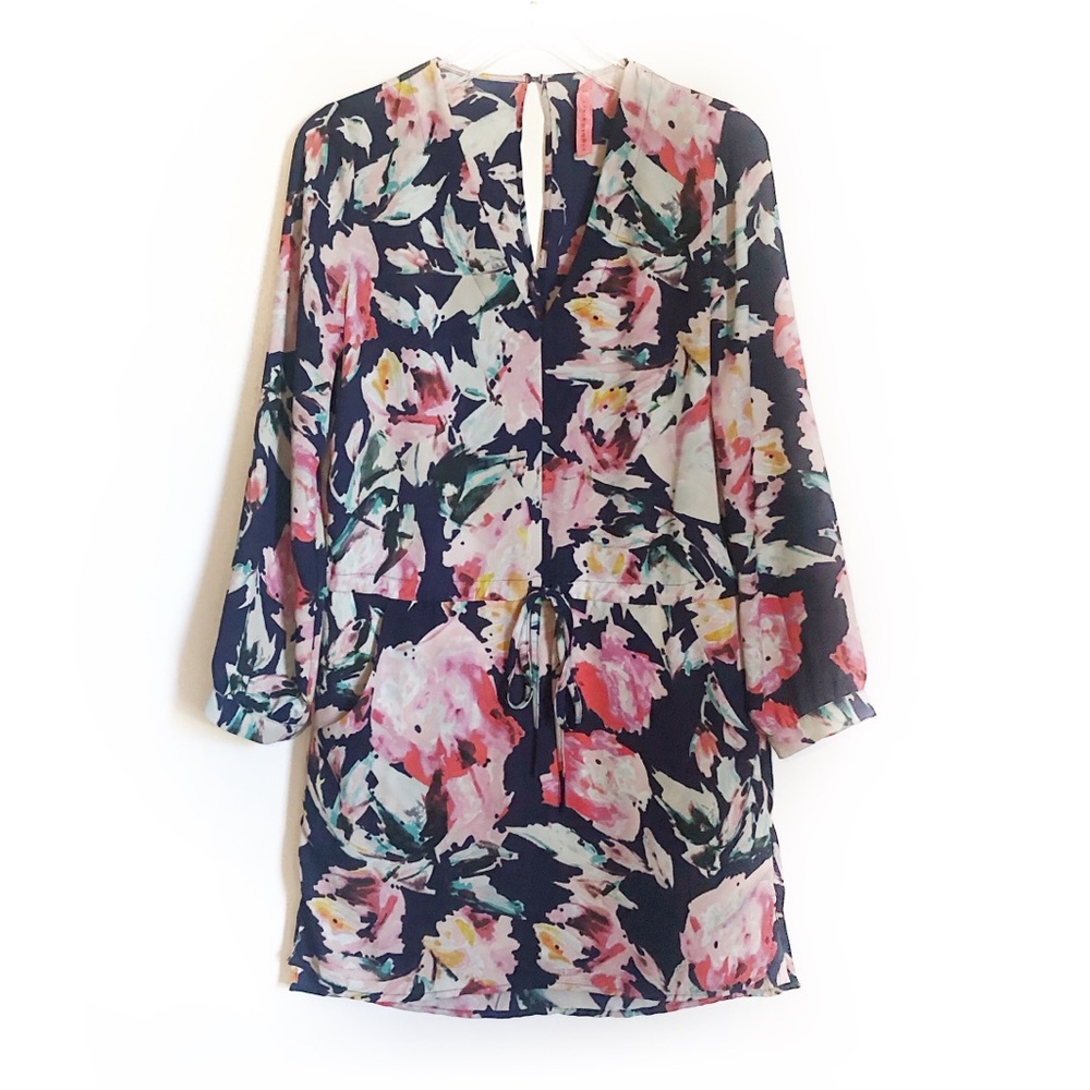 Eight Sixty Navy Floral Drawstring Waist Long Sleeve Dress
